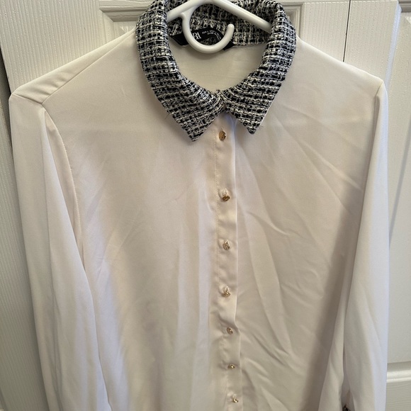 Zara sheer white blouse with black printed collar, sleeves. Gold buttons Size L. - Picture 1 of 6